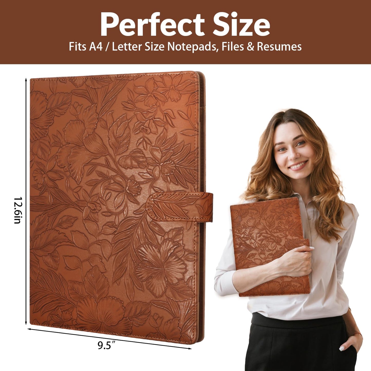 Professional Padfolio Portfolio Binder, Textured Embossing Faux Leather Folder Organizer for Letter Size Legal Pad Notepad Resume, Card Holder for Women Men Business Office Conference (Brown)