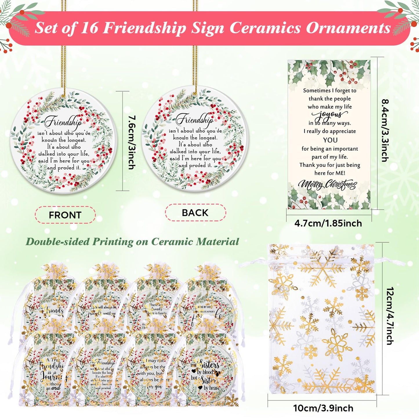 Suzile 16 Pcs Friendship Christmas Ornaments Ceramic Round Friends Ornaments Long Distance Sister Christmas Ornament Gift with Greeting Cards Organza Gift Bag for Christmas Tree (Berry)