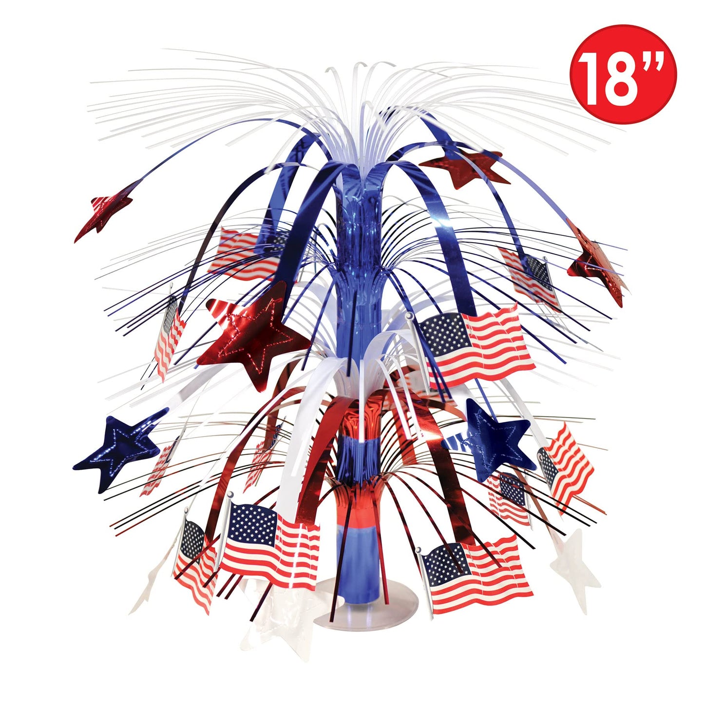 Beistle Patriotic Flag Cascade Centerpiece, Red White and Blue Metallic Decoration with American Flags for 4th of July, Memorial and Veterans Day, and Patriotic Party Tables, 18”