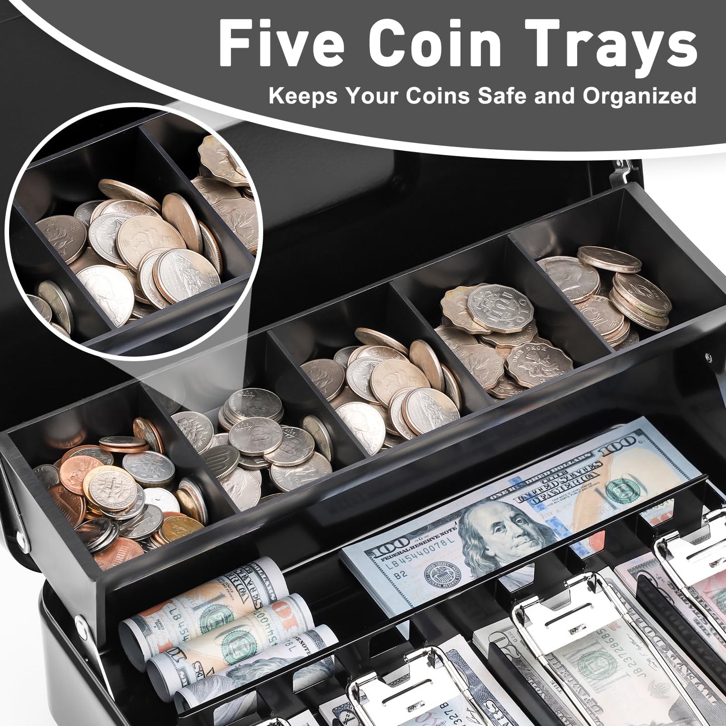 KYODOLED Locking Cash Box with Lock, Money Box with Cash Tray, Lock Safe Box with Key, Money Saving Organizer,11.81Lx 9.45Wx 3.54H Inches, Black XL Large
