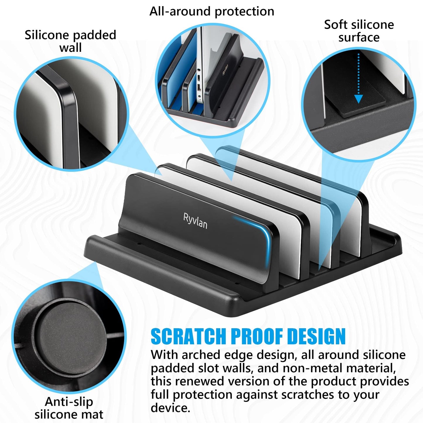 Ryvlan Vertical Laptop Stand, 3 Slot Adjustable Laptop Storage Rack and Desk Organizer, Silicone-Padded Holder for Multiple Devices Storage, Compatible Stand for Tablets and Devices up to 17 Inches