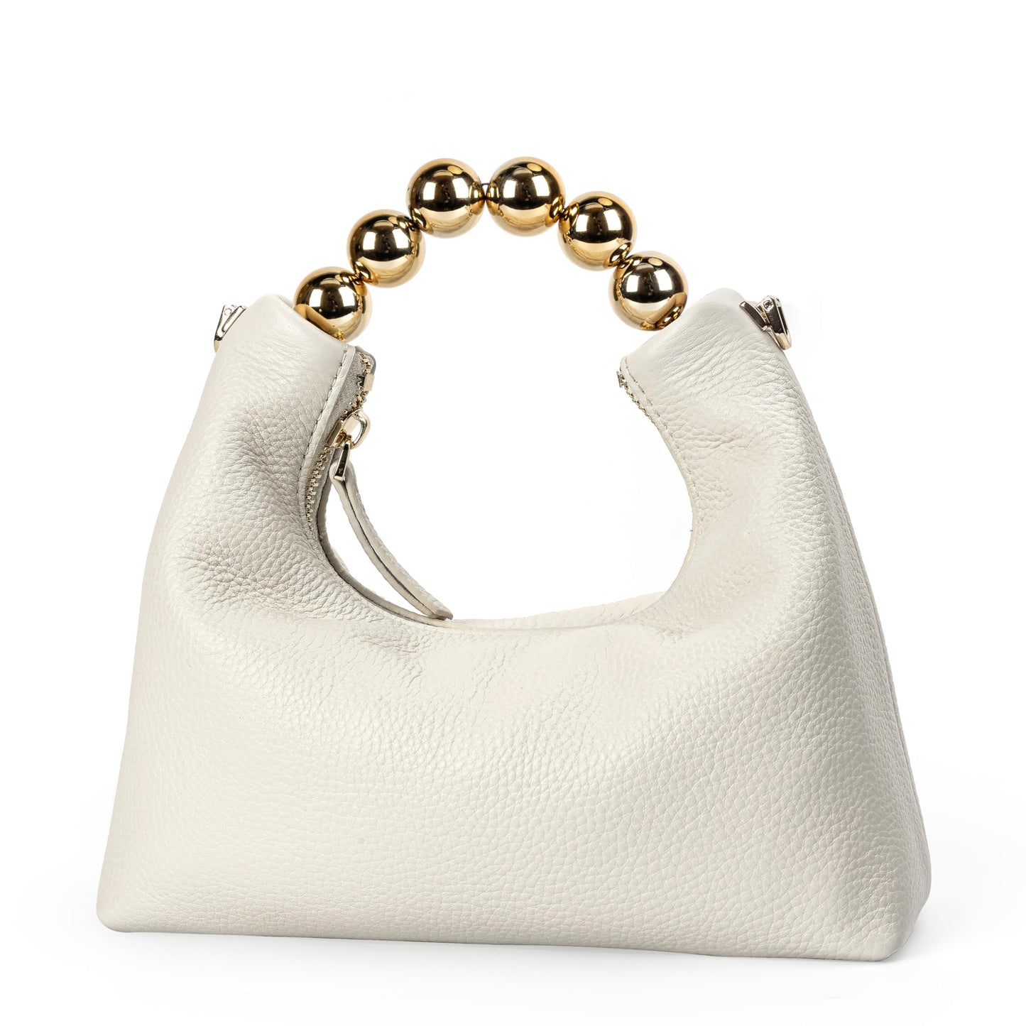 DORIS&JACKY Small Top Handle Clutch Purse for Women, Designer Leather Evening Crossbody Bag with Metal Ball Tote Handle And Leather Chain Strap (Cowhide- White)