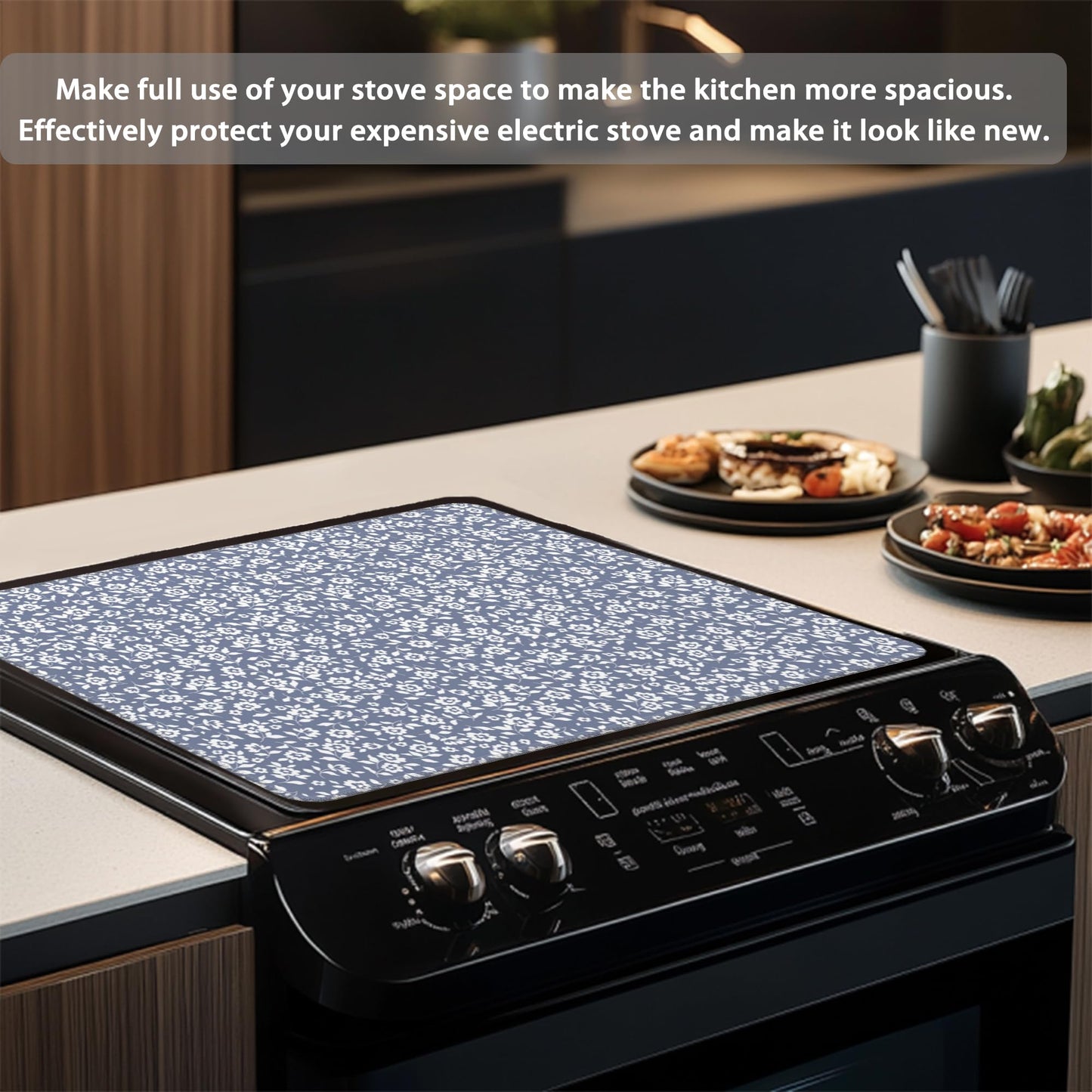 Stove Top Covers,Light Blue Flower Rubber Flat RV Range Stovetop Protector,Prevents Scratching, Expands Usable Space 28.5'' x 20.5''