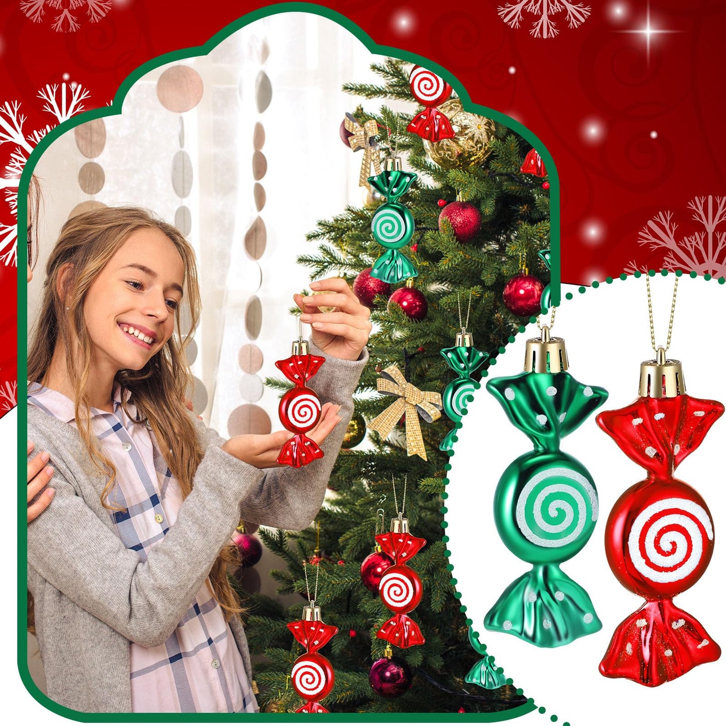 Threan 12 Pcs Christmas Candy Ornaments for Tree Decoration Hanging Glitter Candy Cane Christmas Peppermint Ornament with Golden Rope for Xmas Holiday Decoration(Red, Green,Plastic)