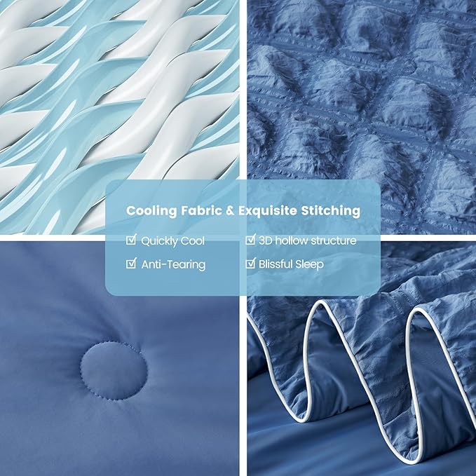Cozy Bliss Cooling Comforter Seersucker Plaid Twin, Q-Max 0.4 Reversible Lightweight Cooling Blanket, Breathable Silk Smooth Summer Bedding Quilt for Hot Sleepers Night Sweats Denim Blue