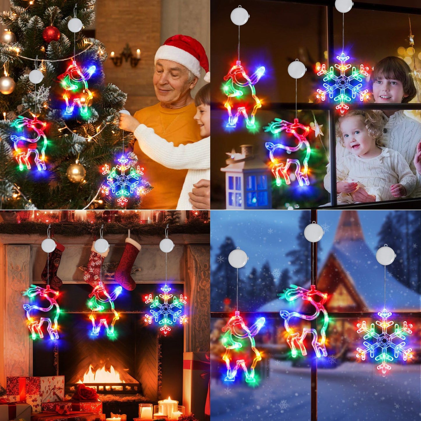 3Pcs Christmas Window Lights, Battery Powered Christmas Window Hanging Decorations Reindeer & Xmas Tree & Snowflake Shaped Indoor Lights with Suction Cup, Timer for Xmas New Year Home Decor