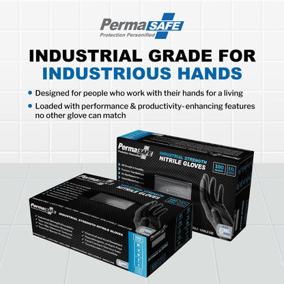 PermaSafe Black Nitrile Gloves | Heavy Duty 6+ Mil Industrial Grade Protection | Powder and Latex-Free Nitrile Disposable Gloves with Raised Textured Grip | Ideal for Mechanics, Other HD Uses & More