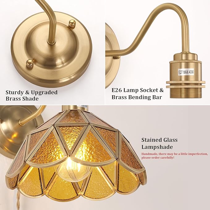 Vintage Wall Sconce, Wall Lamps with Coffee Stone Triangle Checker Sconce, Stained Glass Shade Gold Wall Lights Fixture with Plug in Cord and Switch for Bedroom Bathroom Living Room Hallway