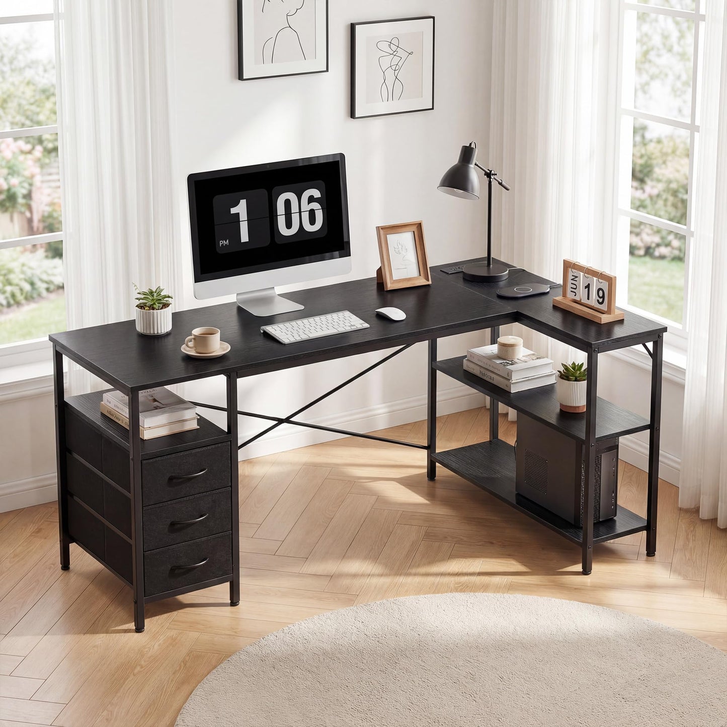 Alpen Computer Desk with Drawers, L Shaped Desk for Bedroom with Power Outlets, Gaming Table with 3 Drawers and Shelves, Corner Desk for Gaming, Study Writing PC Table, 47 Inch, Black