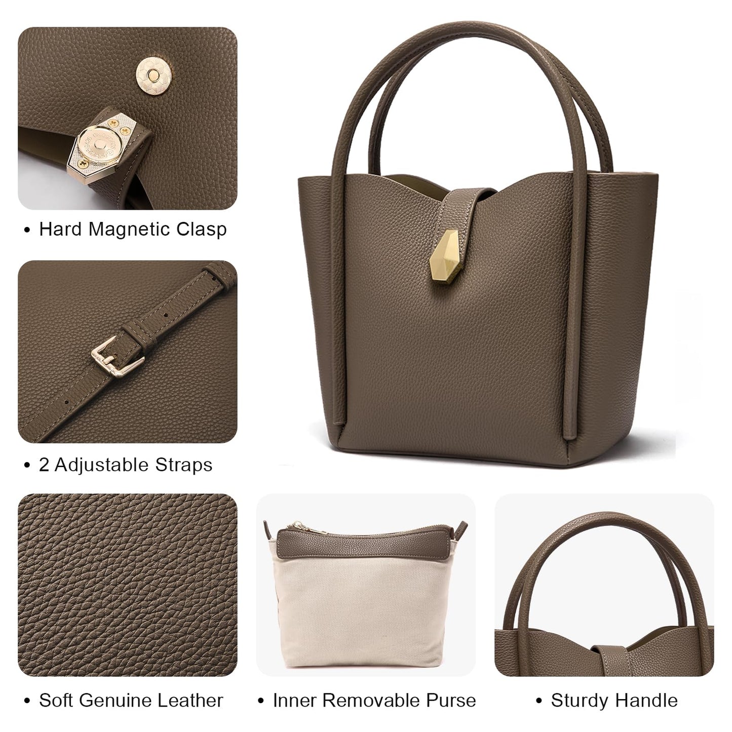 hedexe Leather Bucket Bags for Women: Designer Genuine Leather Tote Shoulder Purse - Fashion Ladies Satchel Handbag (Grey)
