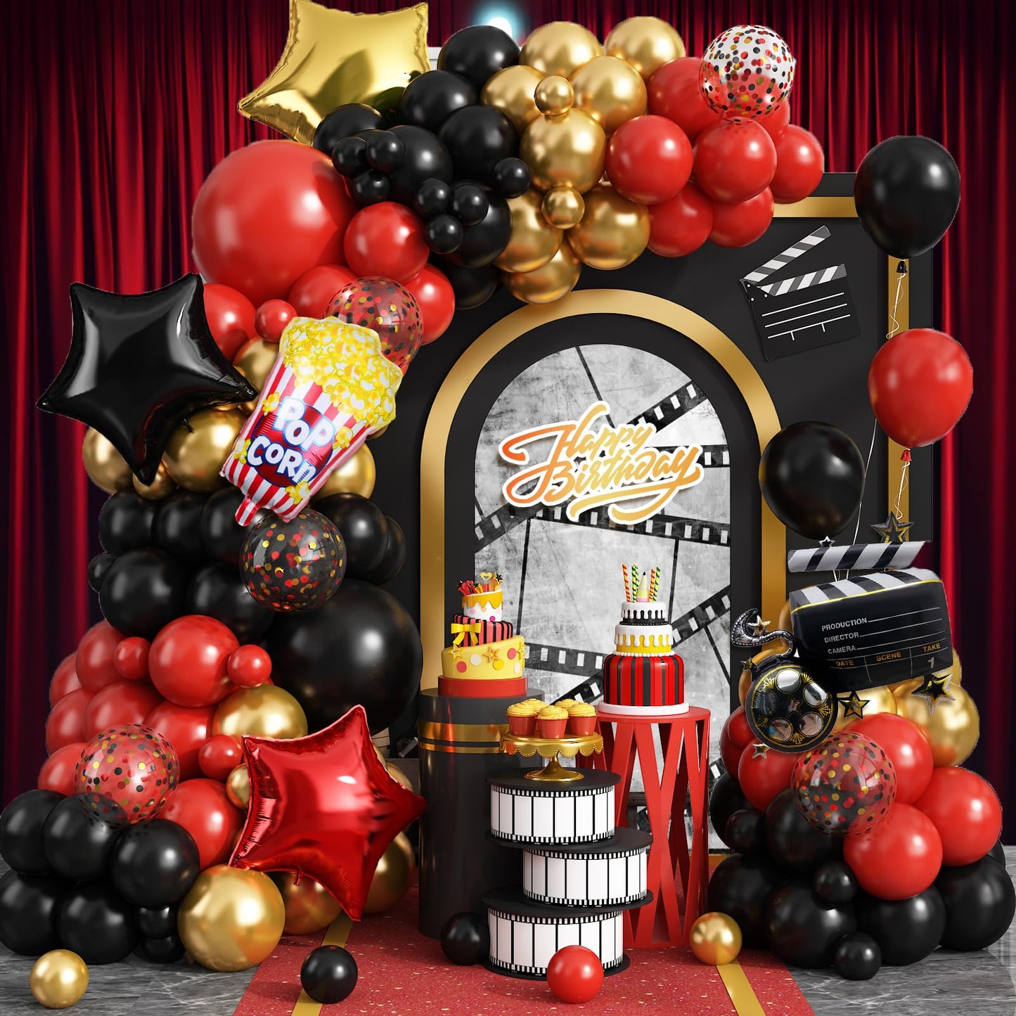 Movie Night Balloon Garland Arch Kit, Red Black Gold Confetti Balloons with Camera Star Popcorn Foil Balloons for Birthday Anniversaries Movie Theme Film Party Decorations