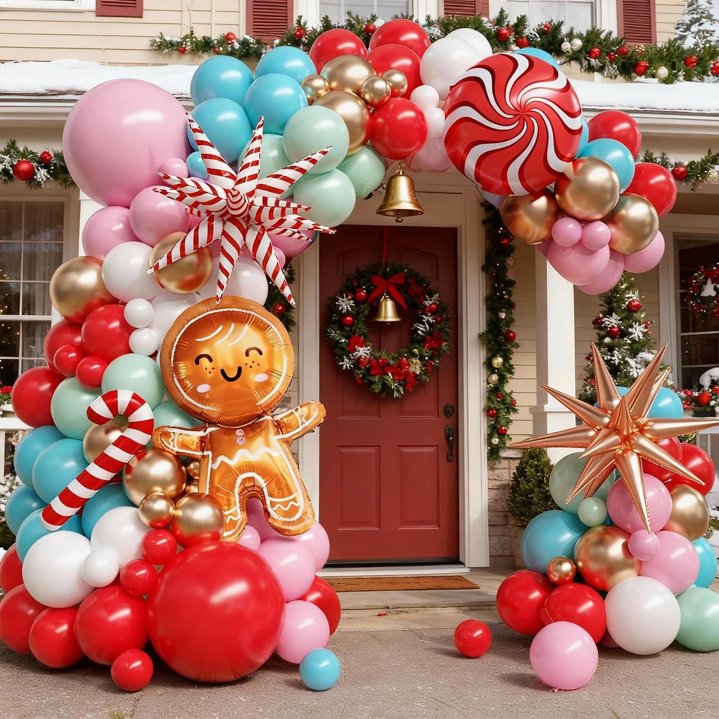 Christmas Balloon Arch Kit, Gingerbread Man Balloon Garland Kit, Red Pastel Green Pink Teal Blue Balloons Christmas Foil Balloons Candy Cane Star for Xmas Birthday New Year Party Decorations
