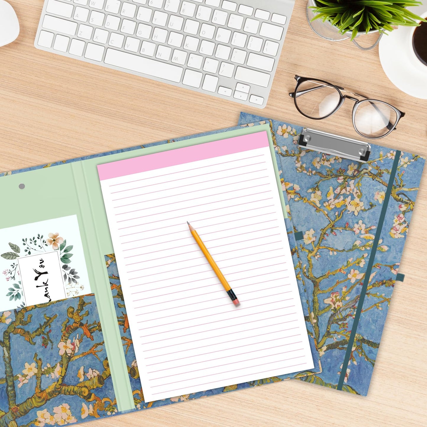 A4 Cute Clipboard Folio with Notepad Clipfolio and Interior Storage, Foldable Nursing Legal Size Clipboards for Work/Kids/Teachers - Almond Tree