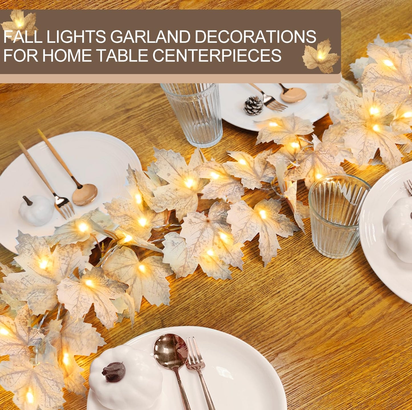 3 Pack Fall Decor - Fall Garland with Lights Fall Decorations for Home, Total 20Ft 60LED Thick Lighted Maples Leafed Autumn Garland Wedding Harvest Fireplace Party Christmas Thanksgiving Decorations
