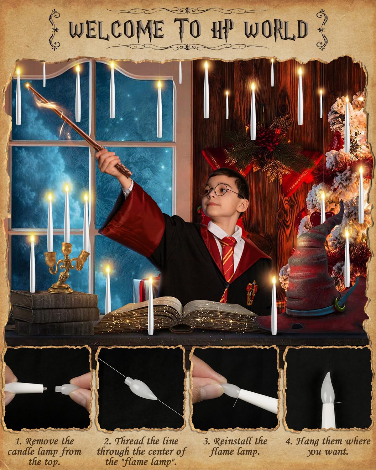 Floating Candles with Wand - 18 Pack Christmas Decorations Magic Flameless Candles Flickering Light Hanging Candle Remote with Glasses, Tie, Scarf, Battery Operated Candles for Christmas Party Decor