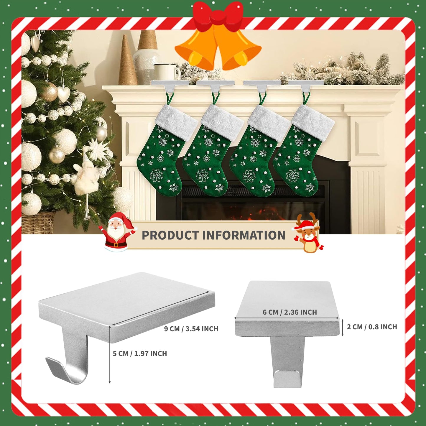 Anrgterg 4 Pcs Christmas Stocking Holders, Mantel Stocking Hangers Metal Hanging Hooks with Protective Pads for Xmas Holiday Counter Window Home Table Silver