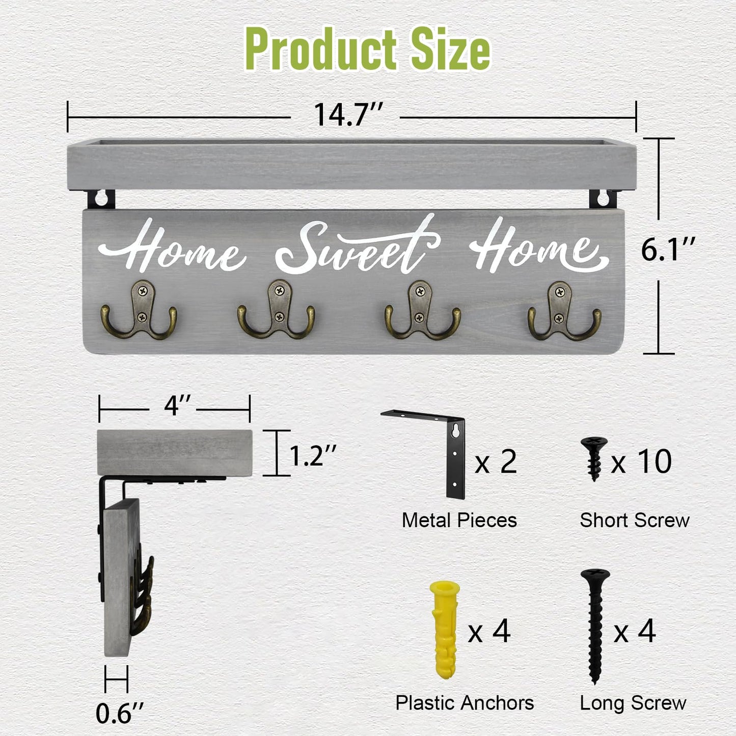 buways Key Holder Wall Mount with 4 Double Hooks-Solid Wood Wall-Mounted Organizer for Keys&Mail Rustic Key Rack Hanger Holder Home Decor for Entryway Living Room (Gray)