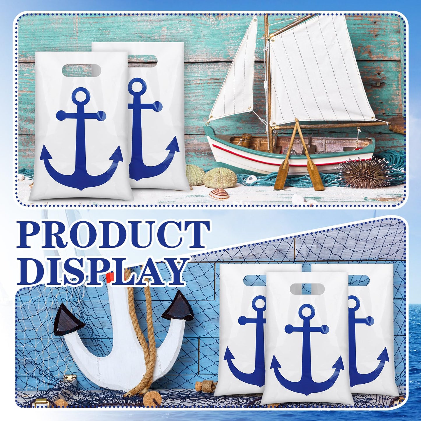 Supervitae 50 Pcs Nautical Anchors Plastic Goody Bags Summer Nautical Party Gift Bags with Handles for Cruise Birthday Wedding Beach Theme Parties Supplies Favors Decor