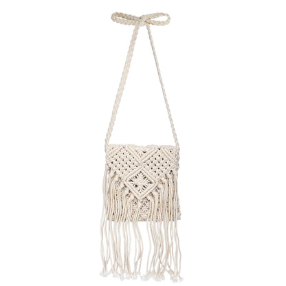 Women Tassel Shoulder Bag, Girls Fringed Crochet Purse Boho Crossbody Bags, Vintage Hand Woven Cotton Rope Hippie Style for Beach Vacation, Travel, Daily Use, Beige, Beige, S