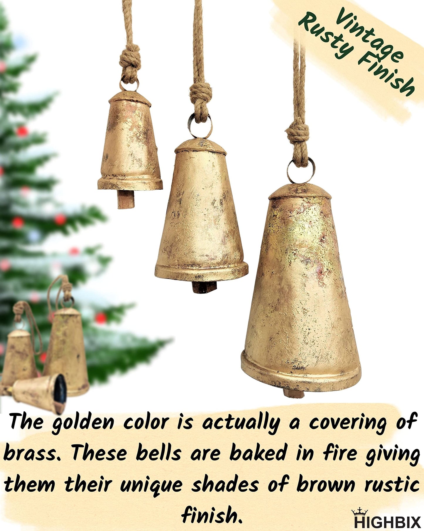 HIGHBIX Set of 3 Giant Harmony Cow Bells Huge Vintage Handmade Rustic Lucky Christmas Hanging Cone Bells (X-Large)