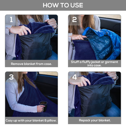 Well Traveled - 2 in 1 Fleece Travel Blanket with Stuffable Pillowcase for Air Travel - Convenient Design for Easy, Comfy Travel