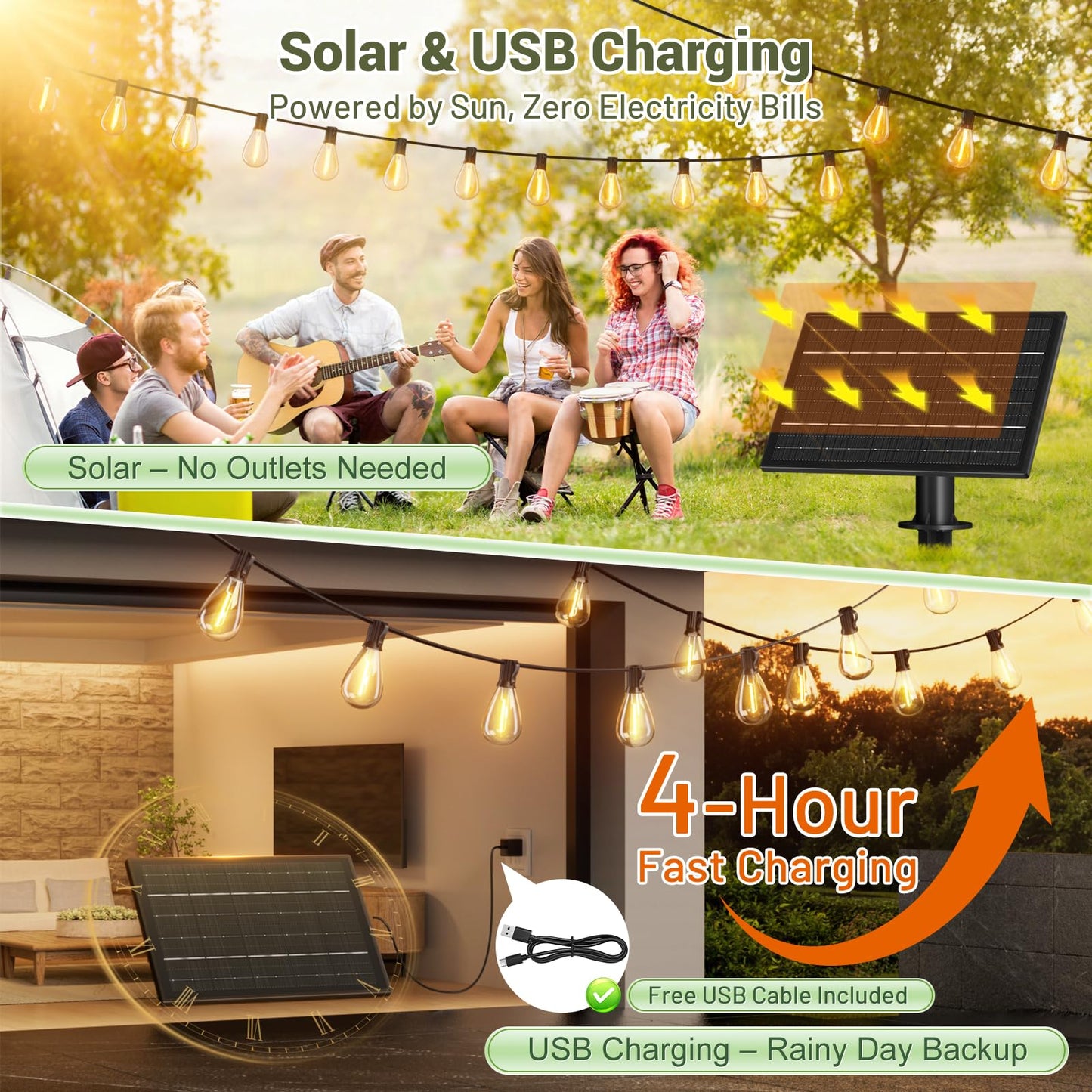 Amzrap 100FT Solar String Lights Outdoor Waterproof, 35+1 LED Shatterproof Bulbs Solar Powered with Remote & USB Port, 3 Light Modes Dimmable Patio Lights for Backyard, Garden, Camping