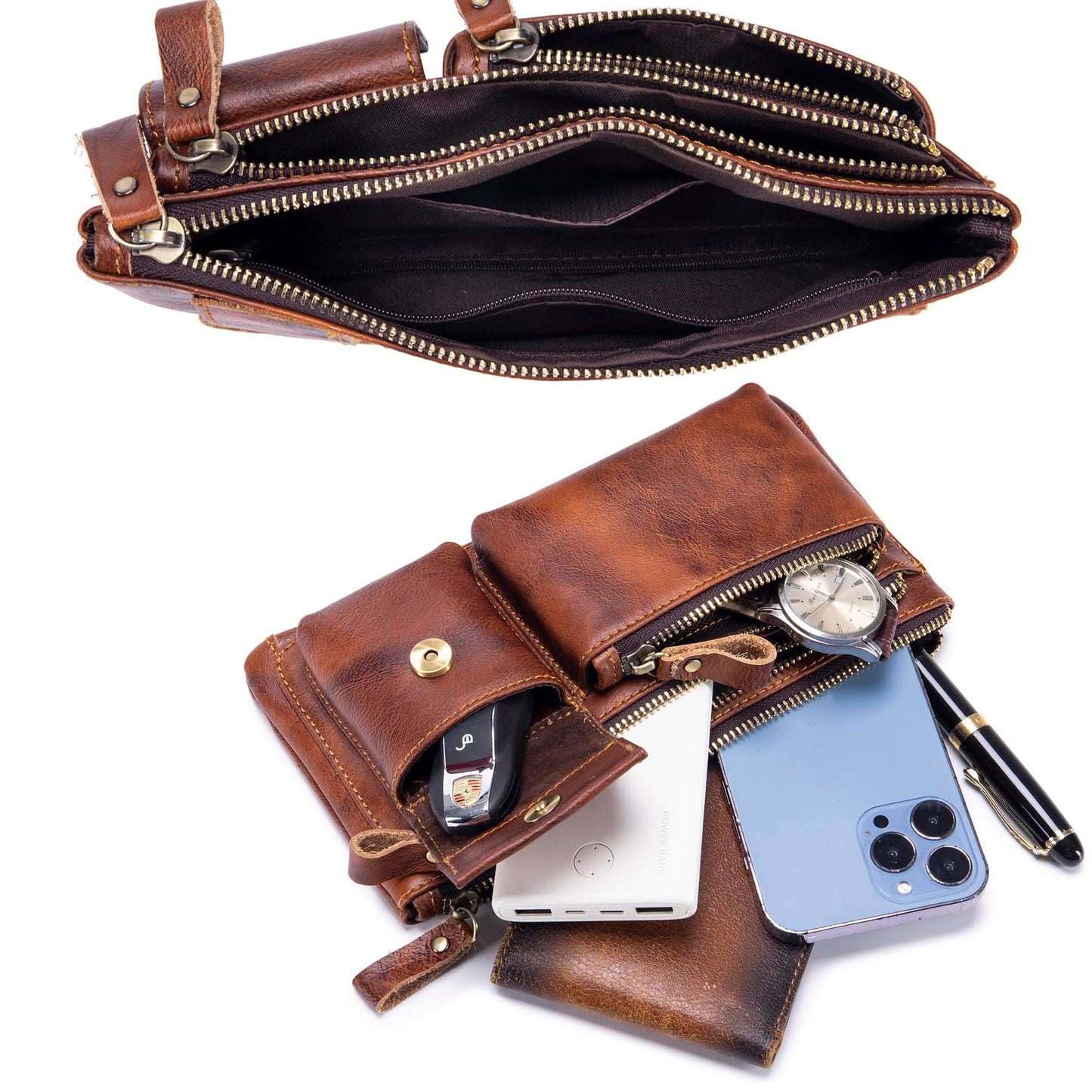 Myunxui Genuine Leather Fanny Pack Waist Bag for Men Women Clutch Bag Hip Bum Travel Pouch Sling Crossbody Chest Bags Shoulder Daypack Multiple Pockets Waist Pack Brown