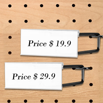 Tandefio 50 Pack 4 Inch Black Metal Peg Board Hooks with Clear Plastic Label Holder Stainless Steel Display Pegboard Hooks for 1/8'' to 1/4'' Pegboard Wall for Garage Storage Retail Shop Supplies