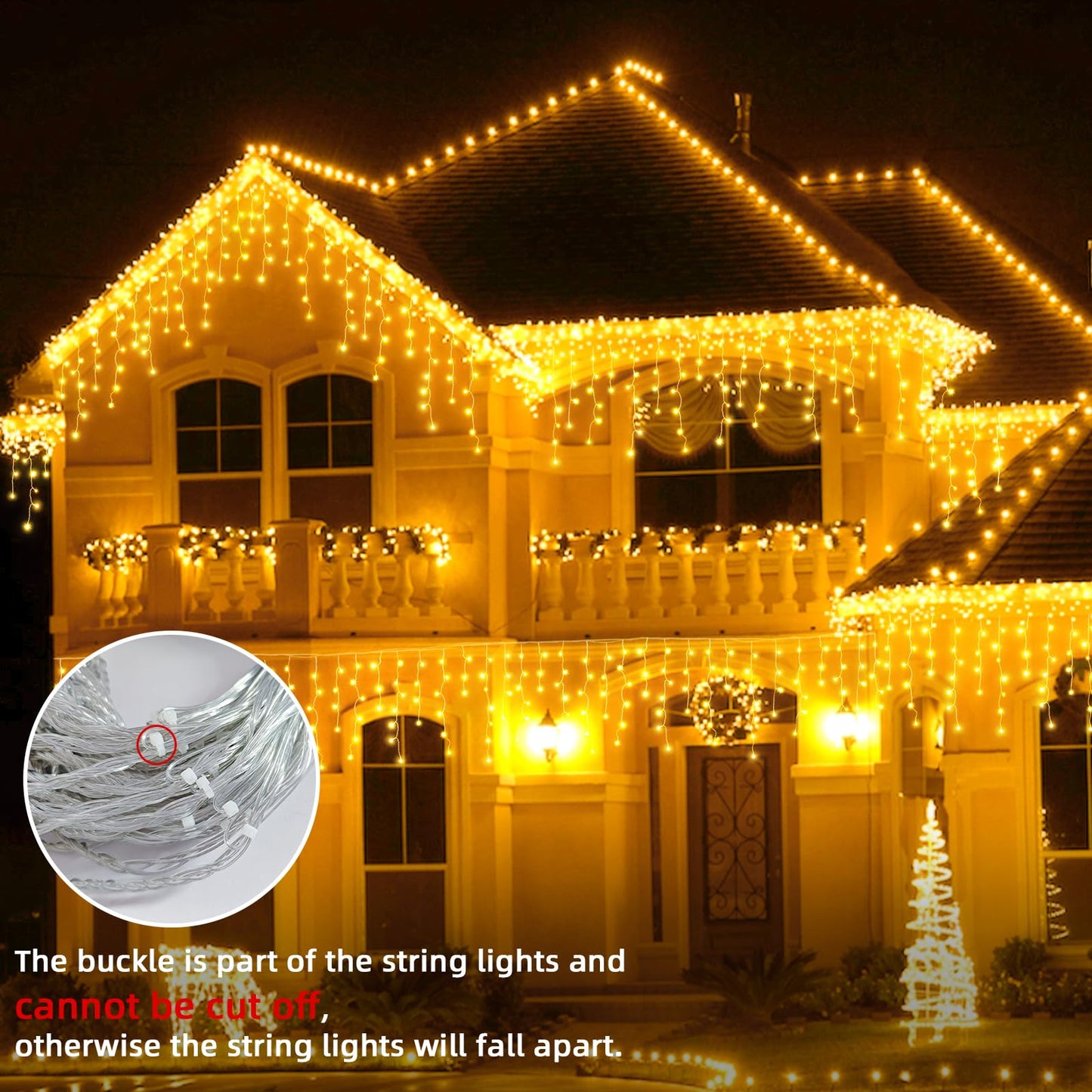 BYIZO Christmas Outdoor Icicle Lights - 480 LED 66+33 FT 8 Modes Curtain Fairy String Light Plug in, Waterproof for Eaves Yard Holiday Xmas Holiday Indoor Outdoor Decoration - Warm White