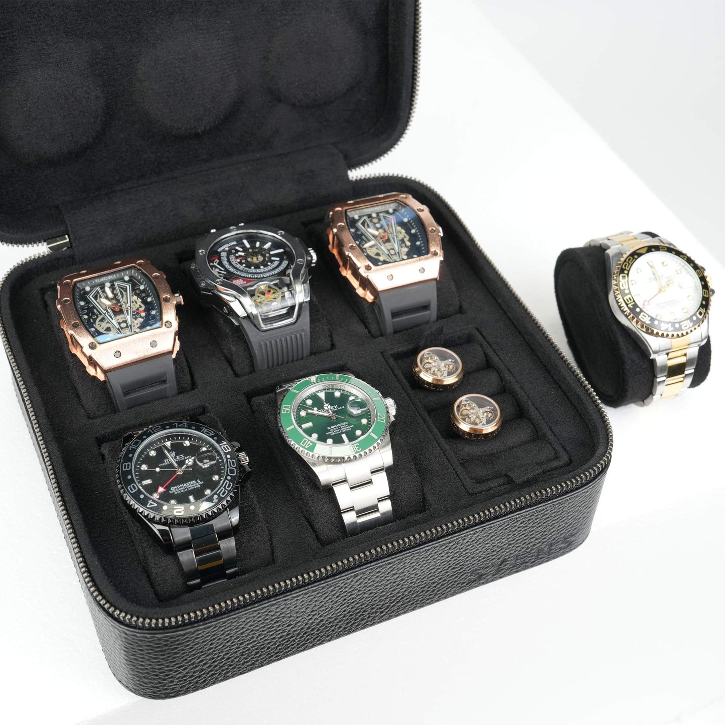 SYENS Real Genuine Leather Watch Travel Case 6 Watches Box, Suitable for all Watches and Smartwatches under 60mm Storage Organizer for Man and Women (6W-Z-BBL)