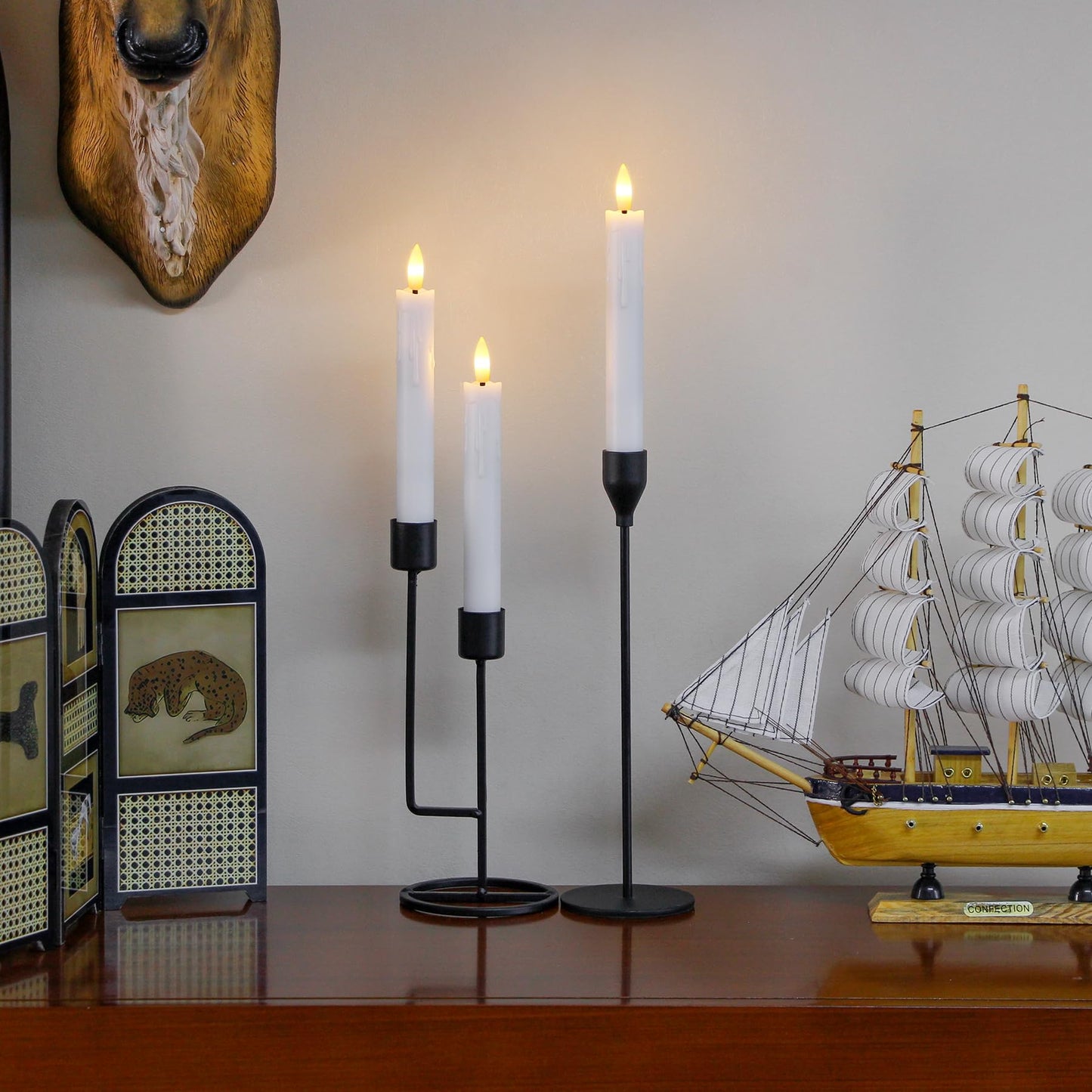 Mavandes Flameless Flickering Taper Candles Two Remote, 7.5 Inch White Battery Operated LED Window Candles Timer,Set of 6 Plastic 3D-Wick Dripping-Wax Effect Flameless Candlesticks(0.86”Dia,Warm Fire)