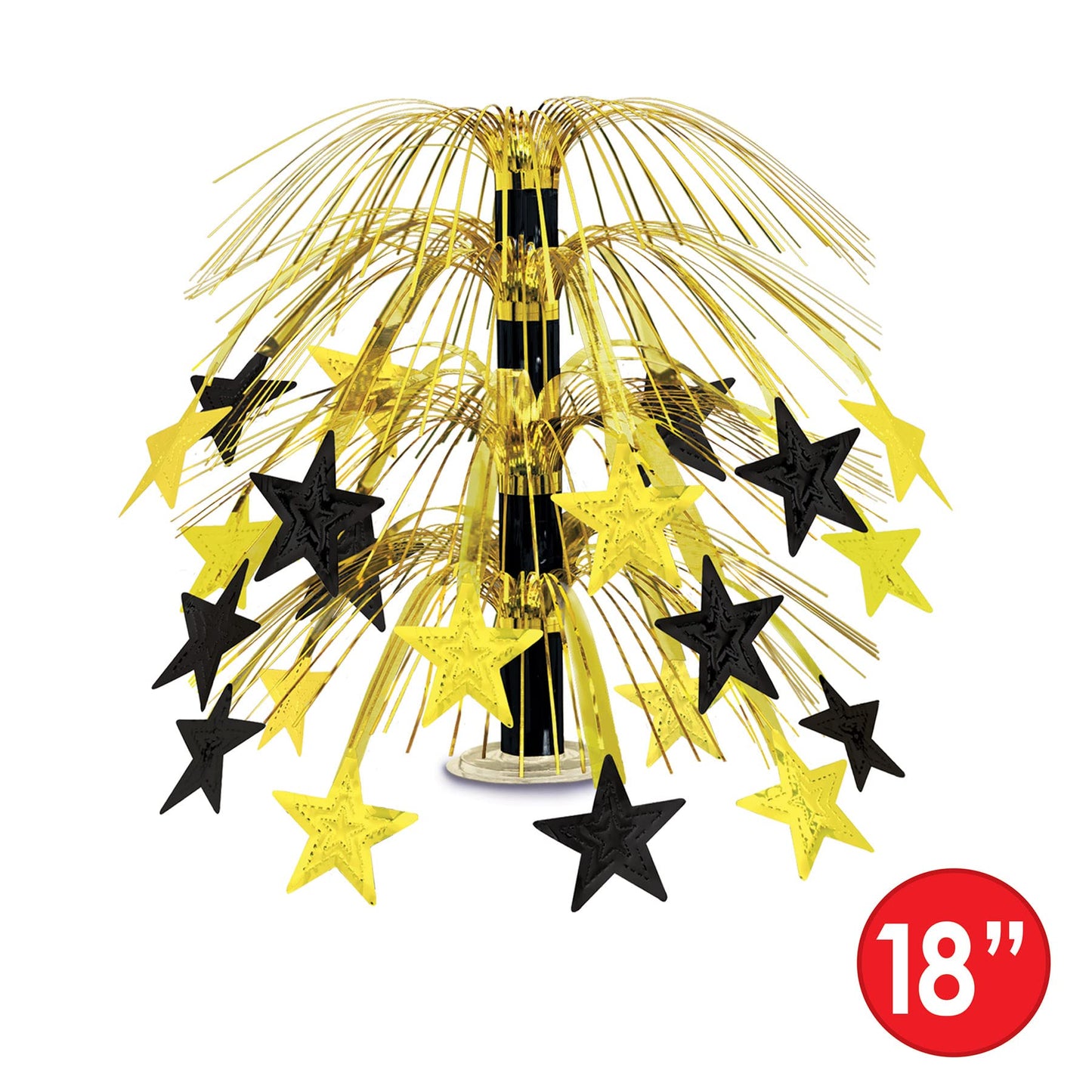 Beistle Star Cascade Centerpiece – Metallic Gold and Black Fringe Table Decoration with Hanging Cord, Clear Base, New Year’s Eve Décor, Graduation Celebration, Awards Night VIP Party Accent, 18"