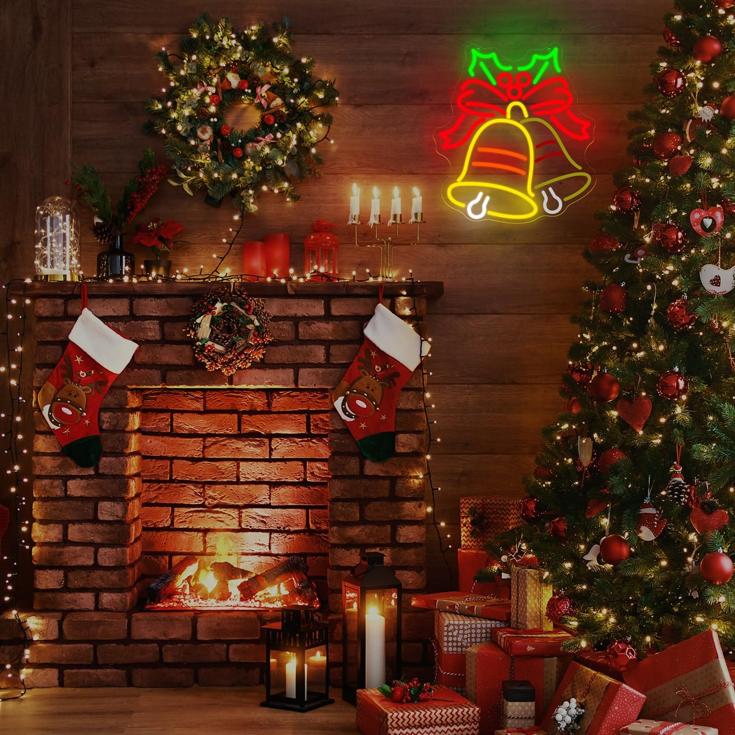Christmas Bell Neon Sign, Flashing LED Holiday Decor, Red Bow and Bells Wall Art, Festive Neon Light for Christmas, Christma Party and Home Decor 15″ × 13.5″