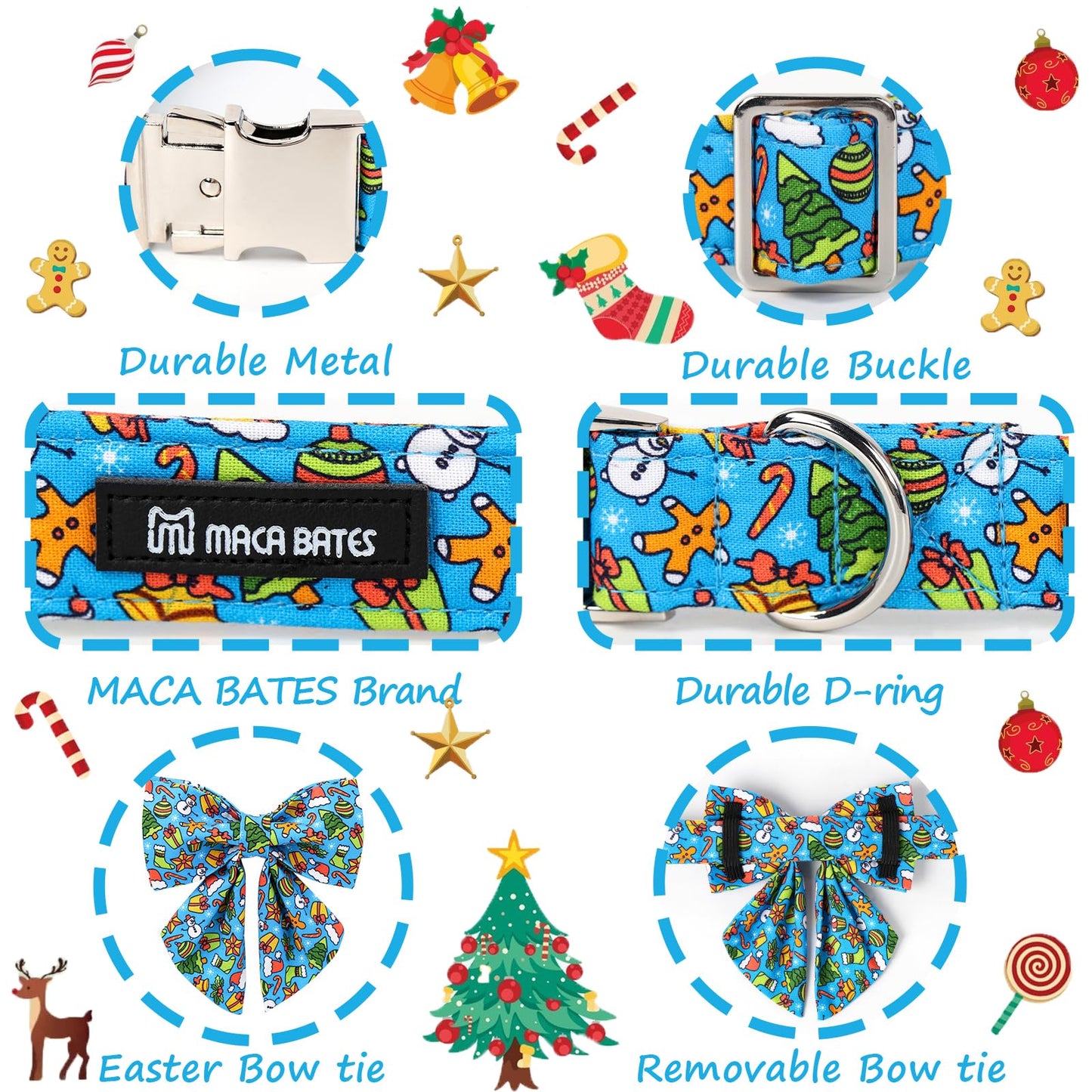 Maca Bates Christmas Blue Dog Collar with Sailor Bow Tie for Extra Small Girl Boy Dogs,Gingerbread,Christmas Tree,Hat Pattern, Adjustable Durable Collars,Winter for Male Female Puppy