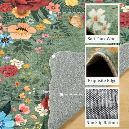 Washable Rugs for Living Room: 6x9 Area Rugs for Bedroom Soft Ultra Thin Stain Resistant Non Slip Low Pile Lightweight Vintage Floral Carpet for Dining Room Decor (Green)