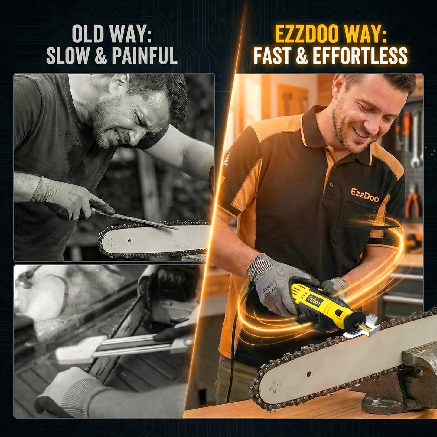 EzzDoo Electric Chainsaw Sharpener Kit with 6 Titanium-Coated Diamond Bits - Handheld Chain Saw Sharpener Tool for All Chains - No Removal Required, Easy and Fast Chainsaw Sharpening Kit