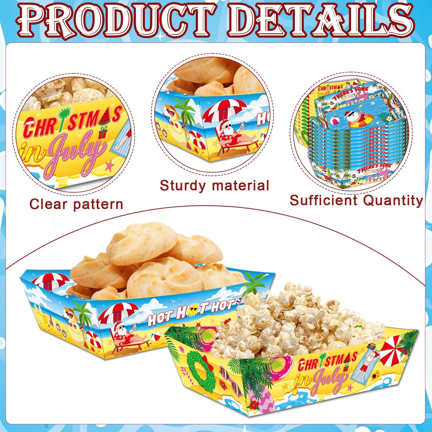 Falueqg Summer Christmas Party Decorations - 24 Pcs July Christmas Paper Food Trays Disposable Beach Santa Food Boats Serving Tray for Holiday Xmas Tropical Luau Decorations