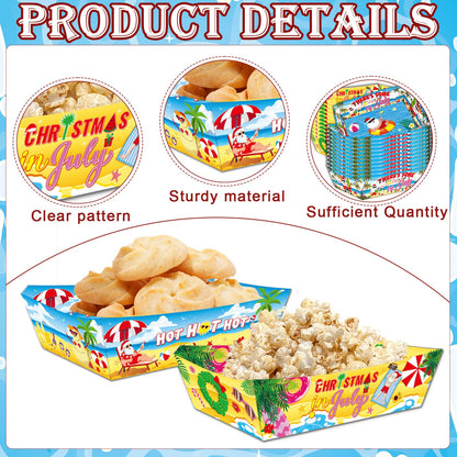 Falueqg Summer Christmas Party Decorations - 24 Pcs July Christmas Paper Food Trays Disposable Beach Santa Food Boats Serving Tray for Holiday Xmas Tropical Luau Decorations
