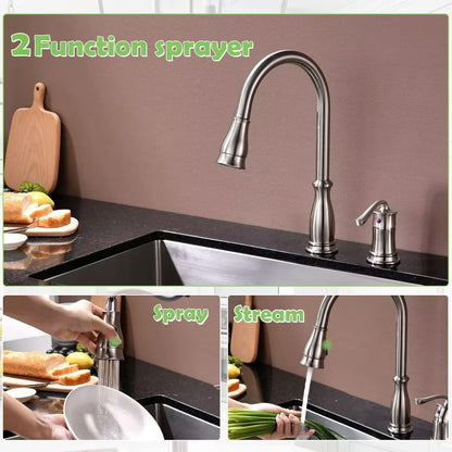 APPASO 3 Hole Kitchen Faucet with Pull Down Sprayer, Kitchen Faucets with Soap Dispenser, 3 Pieces Kitchen Sink Faucet with Separate Handle, Matte Black Kitchen Faucet 3 Hole, 218MB