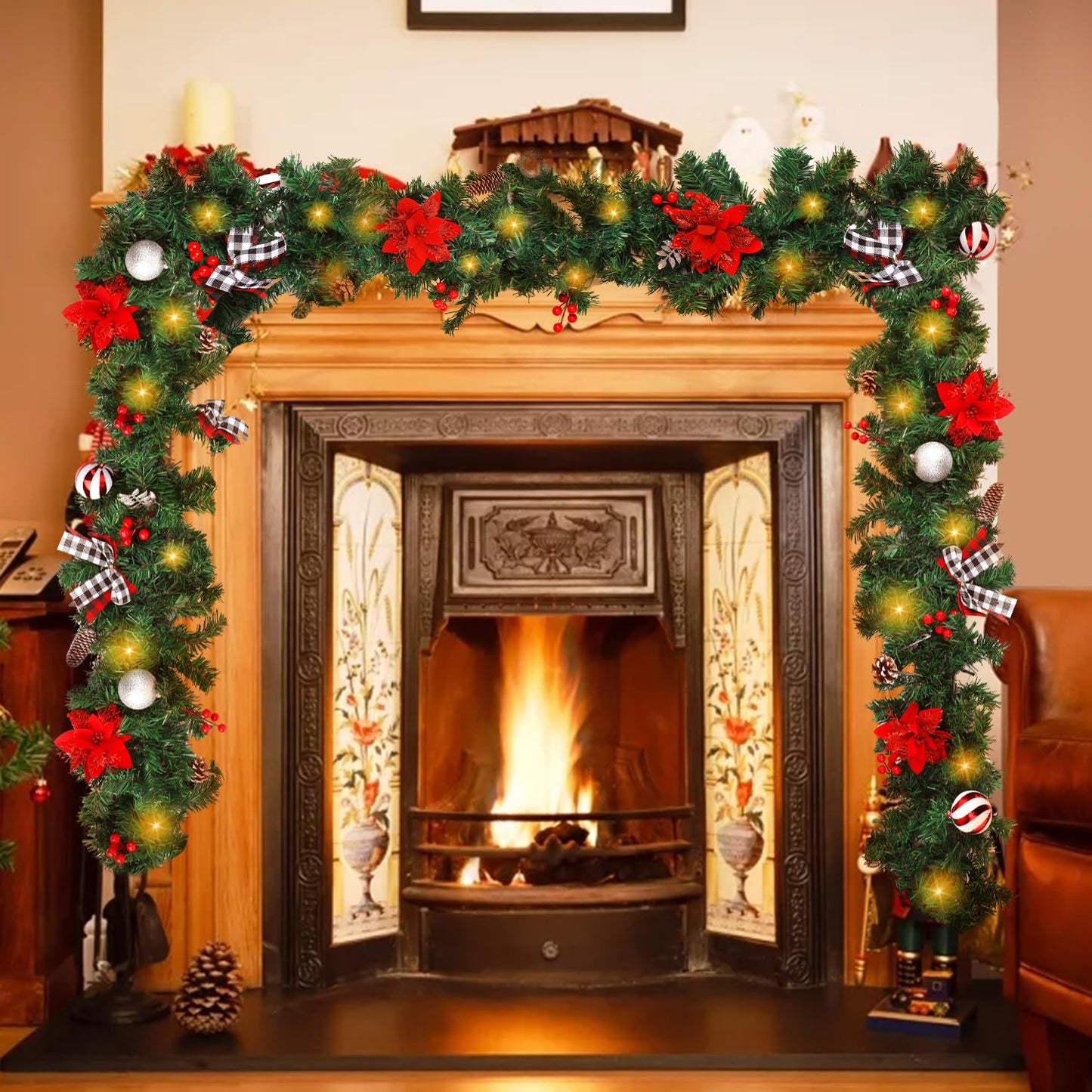 Christmas Garland with Lights,Pre-lit 9ft Christmas Decorations with 50 LED Lights,with Waterproof Battery Box,Indoor&Outdoor Use,for Stairs Fireplace Front Door Porch Home (Battery NOT Include)