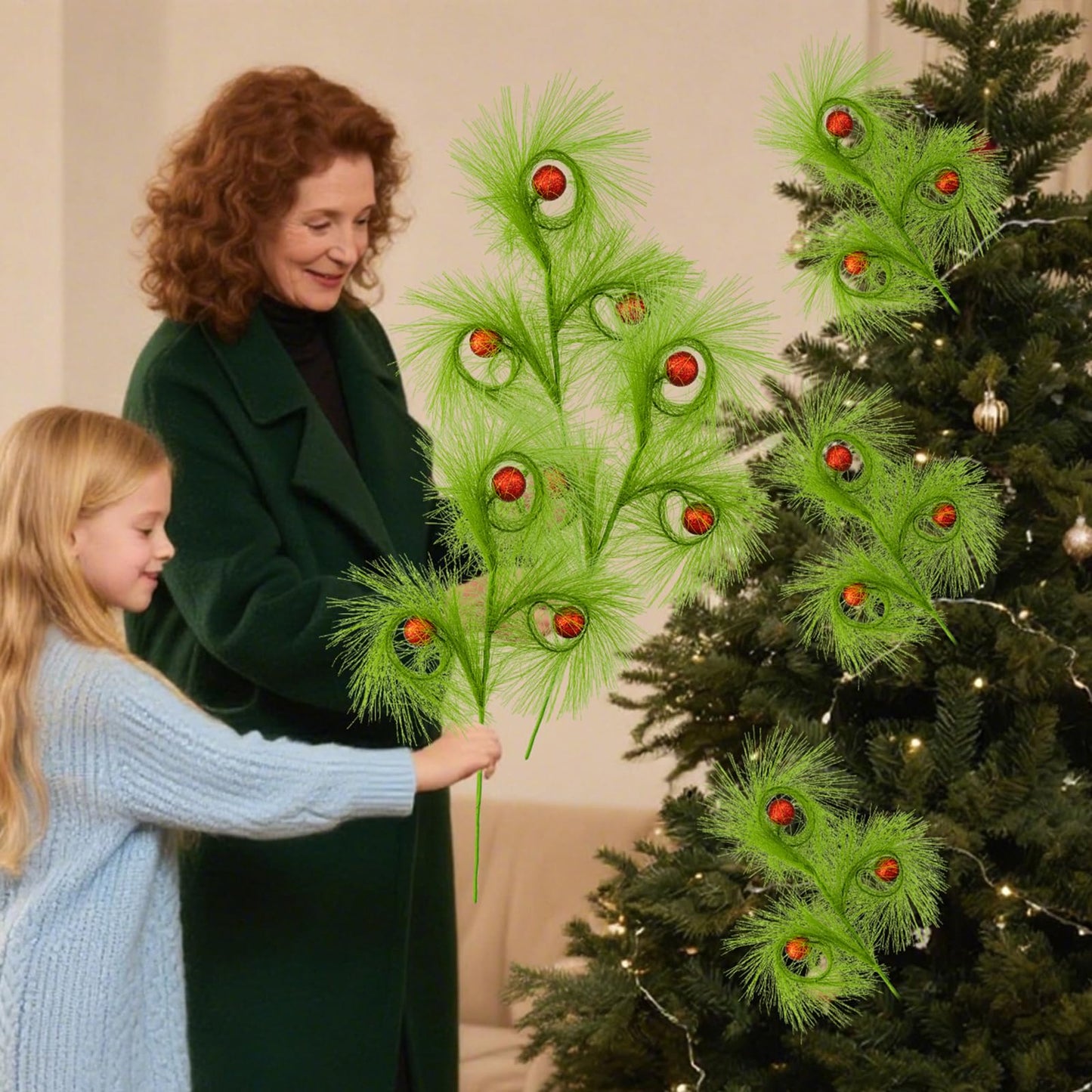 6 PCS 17" Christmas Tree Topper Christmas Floral Picks with 3 Red Ball,Xmas Artificial Flowers Wreath Green Stems,DIY Xmas Ornaments Crafts Winter Christmas Decorations Gift Wrapping