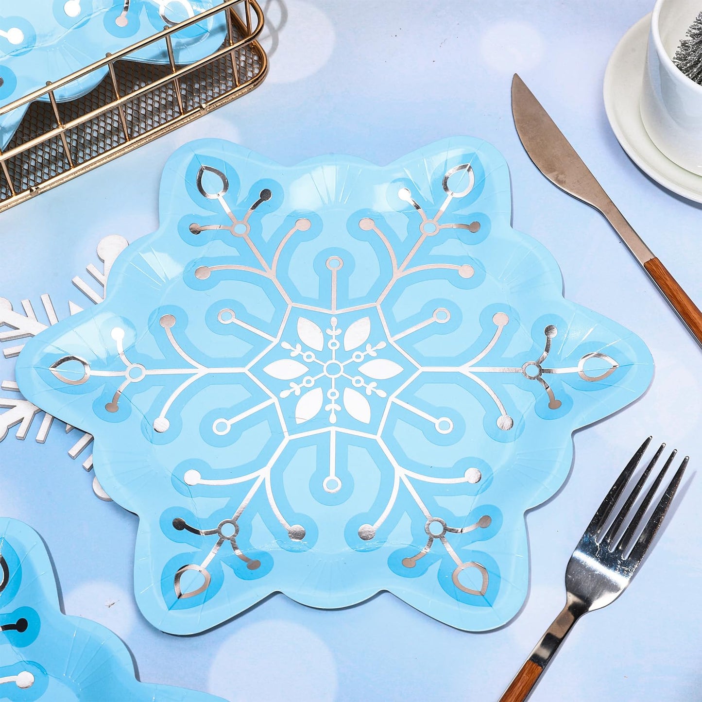 JarThenaAMCS 48Pcs Christmas Snowflake Paper Plates Silver Foil Blue Snowflake Shape Disposable Plates Winter Party Tableware for Xmas Wedding Birthday Table Decor Supplies