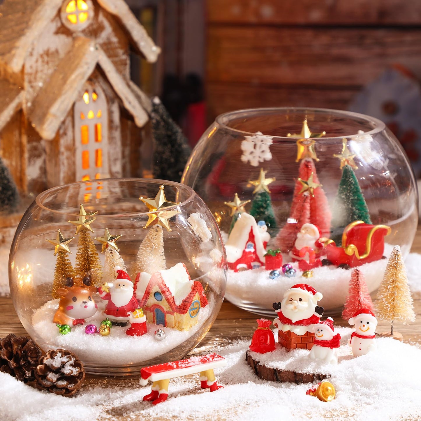 Roowest 96 Pcs Miniature Ornaments for Snow Globe Kit DIY Christmas Village Decoration Christmas Figurines Mini Ornaments with Snowman Reindeer Santa Claus Snowflake(Green)