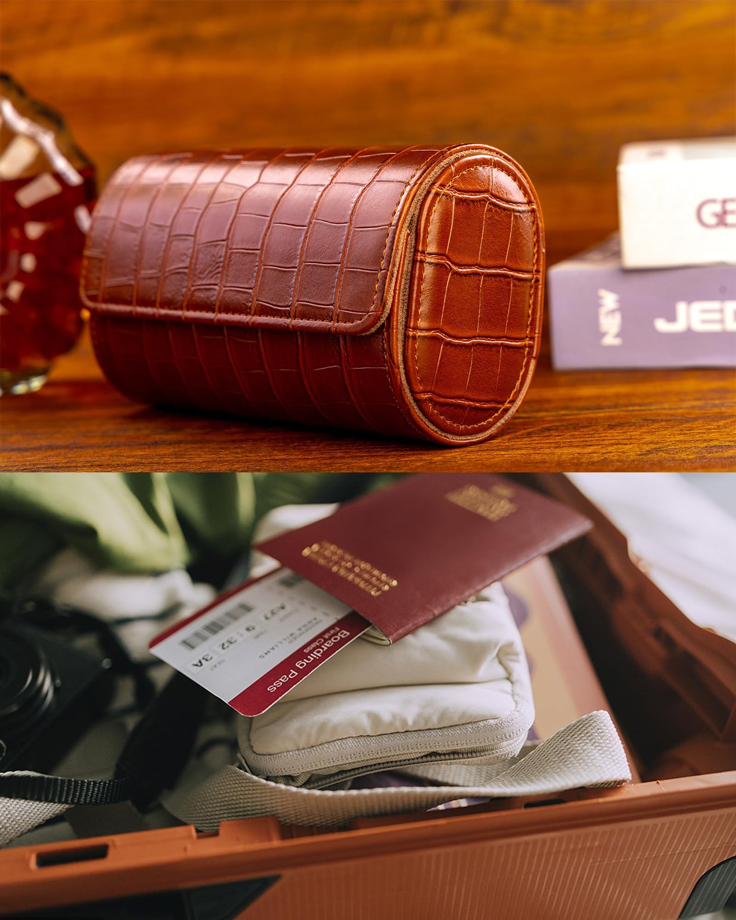 MR.OKAY 3 Watch Travel Case- Classic Leather Watch Case With Superb Texture.(Portable Watch Roll Or Organizer For Storage And Display).Festival Gift For Men, All Handcrafted By Artisans.