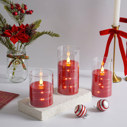 Da by 3 Pack Red Transparent Acrylic Flameless Taper Candles, Flickering Black Wick LED Candles with Fairy String Lights, Heat Resistant ABS Candles with Remote for Indoor Outdoor Decor