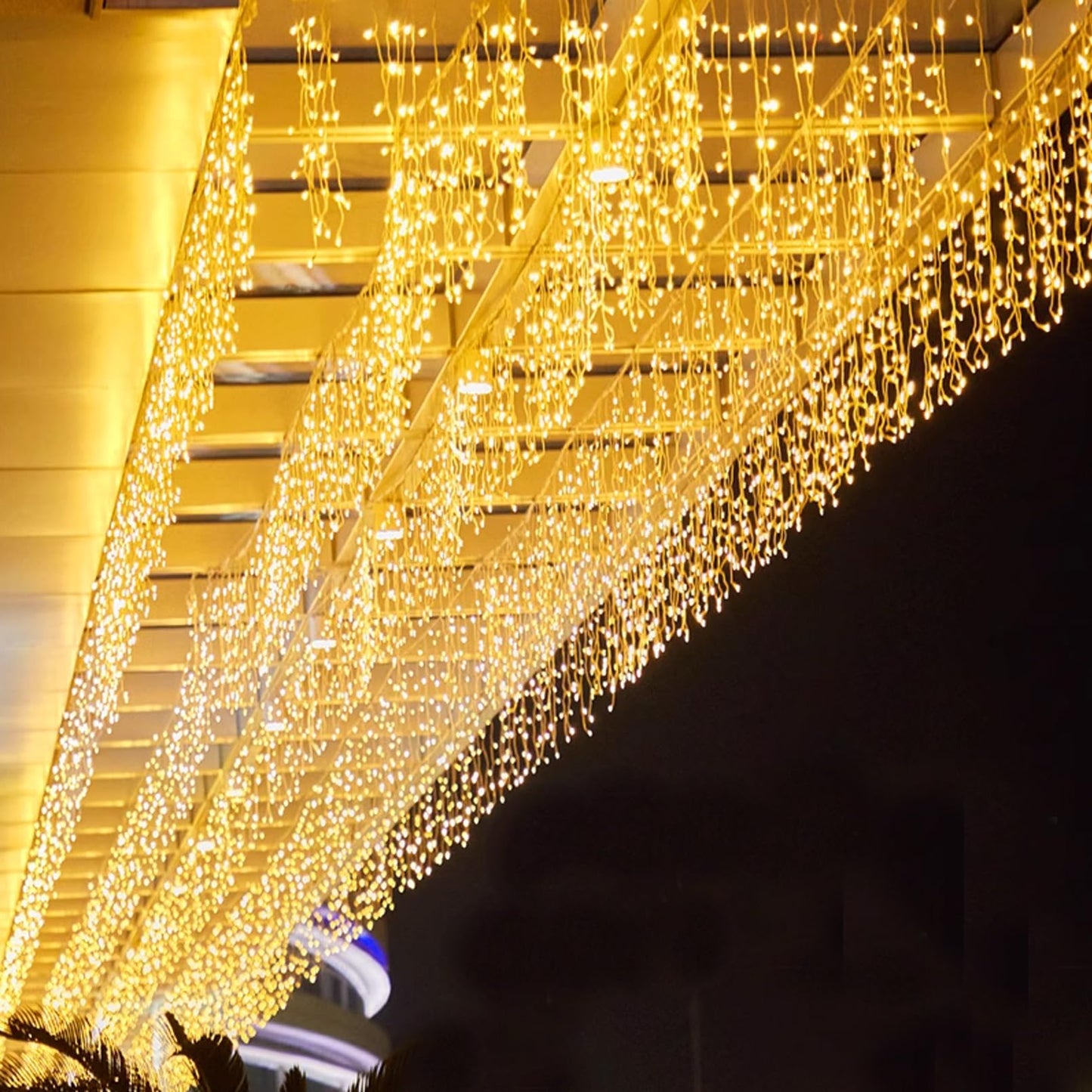 JAMISAY LED Icicle Lights, 8 Modes 16.4FT 112 LEDs Christmas Short Curtain Fairy Hanging Ceiling Extendable Lights for Wedding Balcony Doorway Outdoor Indoor Decoration Warm White, 5M04