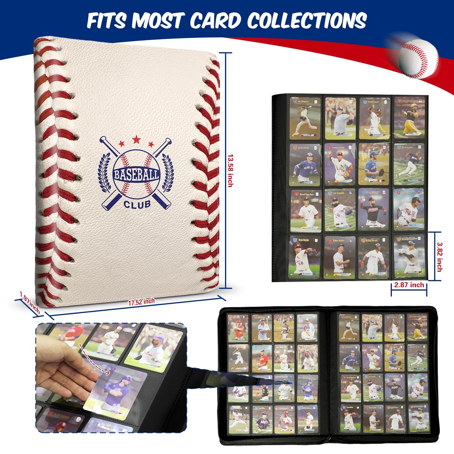 Baseball Card Binder 16 Pocket, Premium 1000+ Cards PU Cover Trading Sports Card Binder Side Loading Card Holder Collection Album Folders