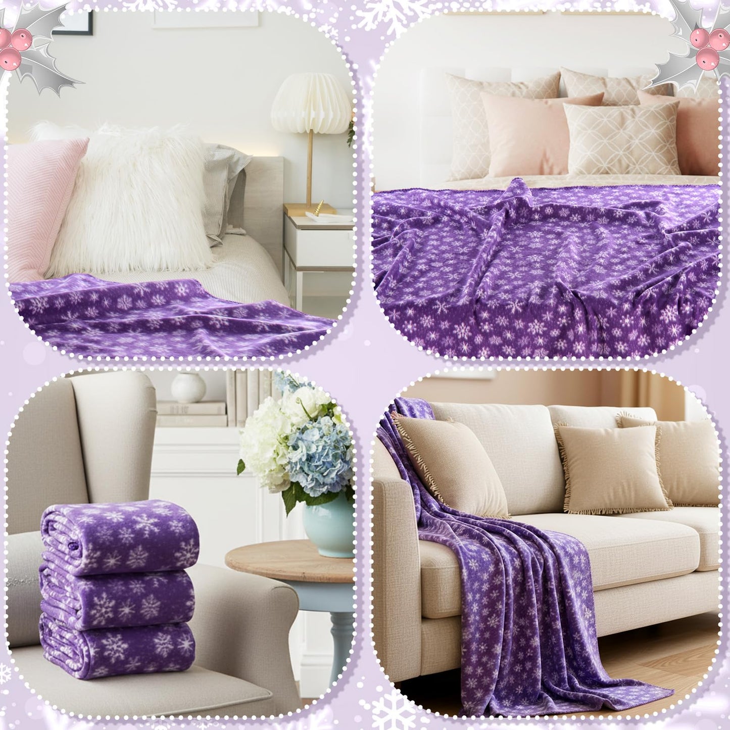 Moukeren 24 Pcs Christmas Snowflake Throw Blanket Bulk, 59 x 47 Inch Xmas Winter Throw Blanket Christmas Warm Soft Cozy Fleece for Home Bedding Couch Chair Gift (Purple)