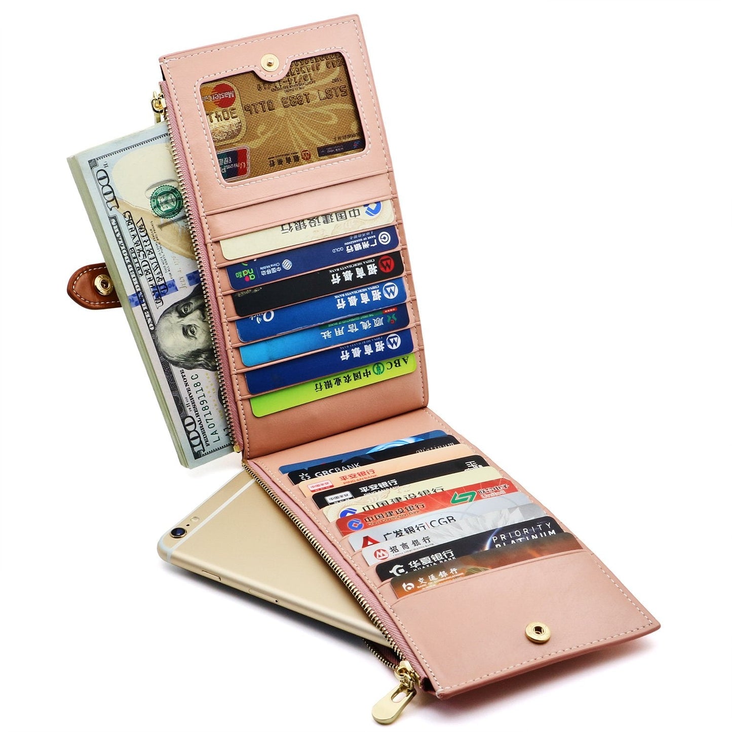 ANDOILT Women's Genuine Leather Wallet RFID Blocking Credit Card Holder Zipper Purse Cell Phone Handbag Pink
