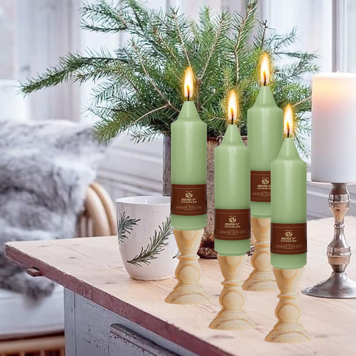 5 in Unscented Taper Candles Light Green Candles 4 PCS Smokeless Small Candlesticks for Dinner Household Wedding Party Home Décor